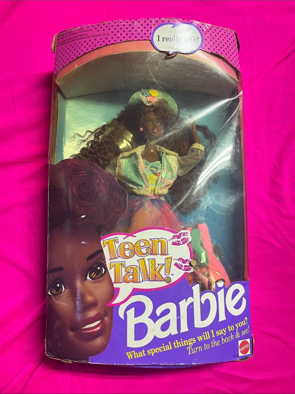 NRFB 1991 Mattel Teen Talk Barbie African American Doll (#1612) Damaged Box
